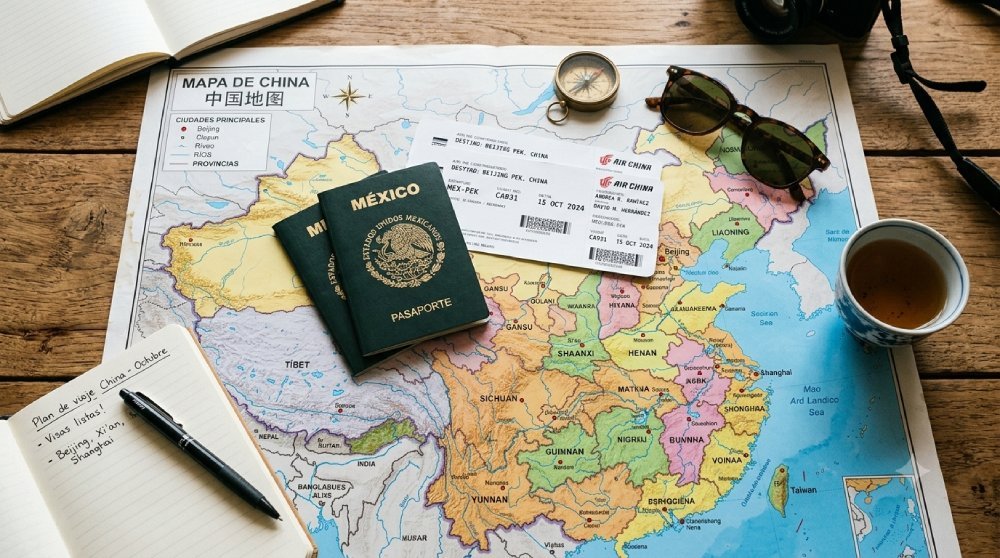 Pasaportes mexicanos sobre un mapa de China